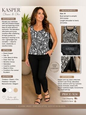 Kasper Black & White Swirl Print Sleeveless Tank